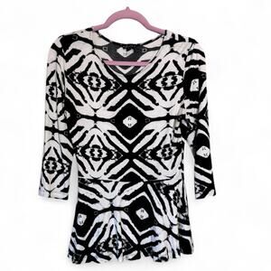 Dunia Black White Ikat Tie Dye Peplum Blouse Womens M Lagenlook Casual Shirt Top